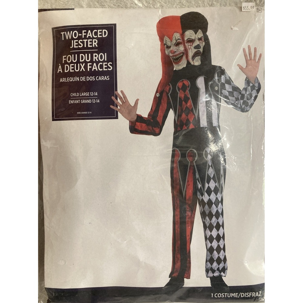 Two-Faced Jester Evil Clown Circus Carnival Halloween Child Costume Large 12-14